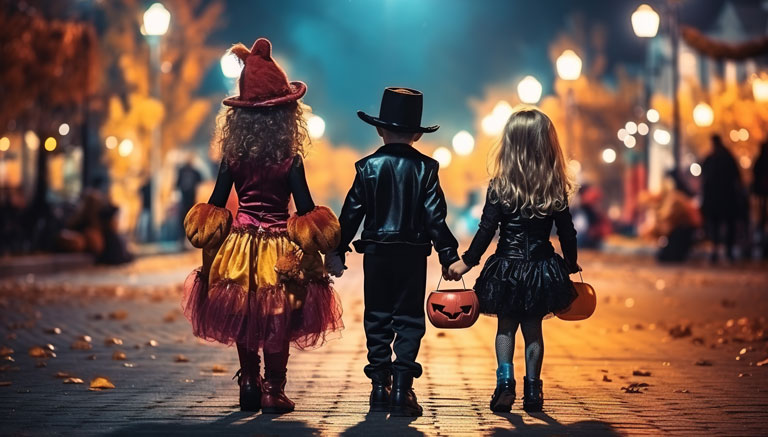 Kinder ziehen an Halloween durch die Straßen