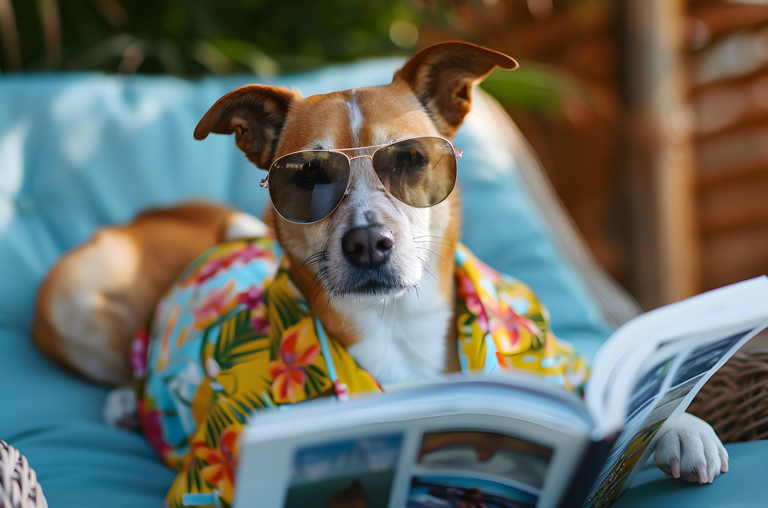 Tierisch guter Sommer, Hund mit Sonnenbrille im Liegestuhl