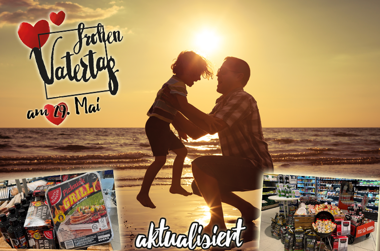 Vater mit Kind am Strand - frohen Vaddertach. Aktualisiert mit Vaddertach-Aufbau