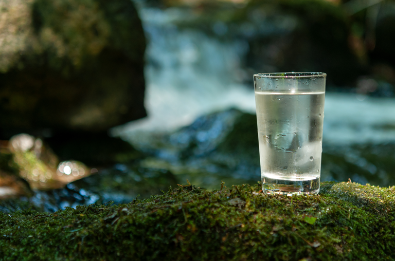 Ein Glas Wasser auf Moos vor einem Flusslauf