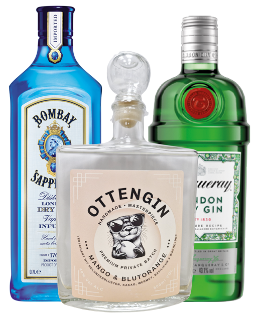 Eine Auswahl an drei Gin Produktbilder - darunter der exklusive Ottengin