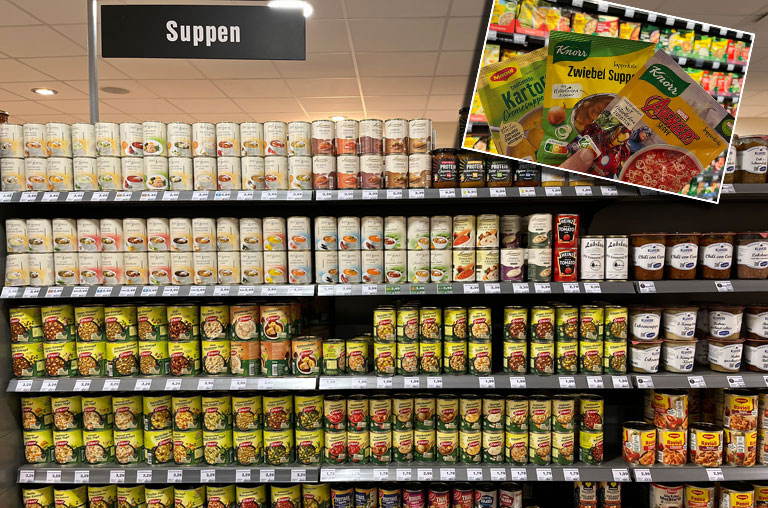 Suppen in den Regalen der Bandelt-Märkte