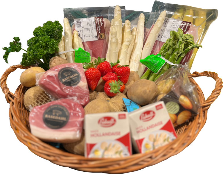 Korb voll von regionalen Erzeugnissen Spargel, Kartoffel, Schinken