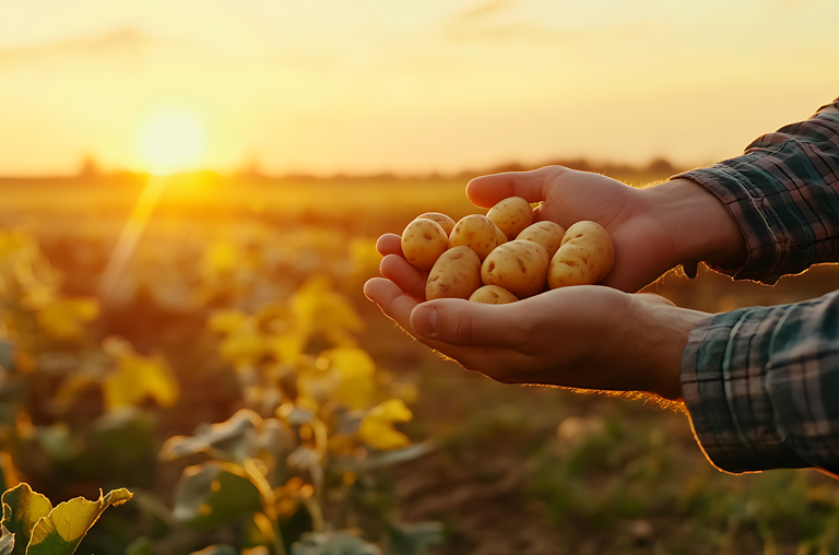 Zum Internationaler Tag der Kartoffel Hände, halten Kartoffeln auf dem Feld