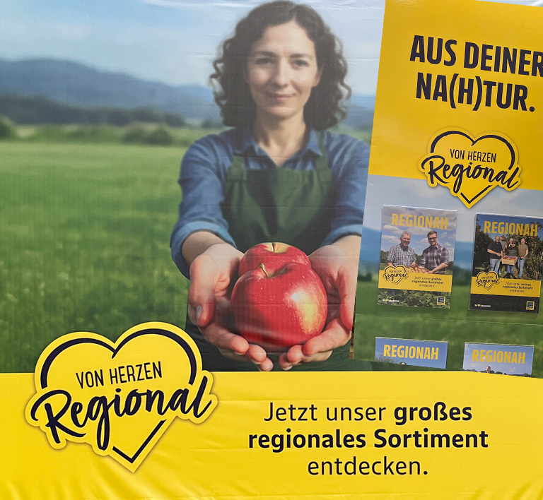 von Herzen regional - Plakat mit Frau, die Äpfel hält, dazu ein Flyer